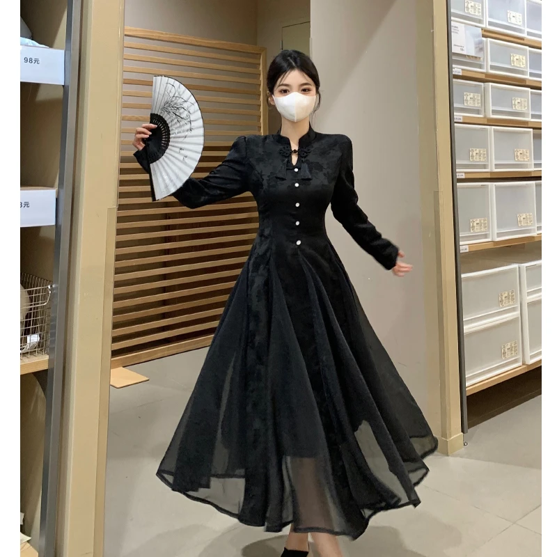 2024秋季大码女装新中式复古网纱拼接连衣裙高级感国风气质旗袍