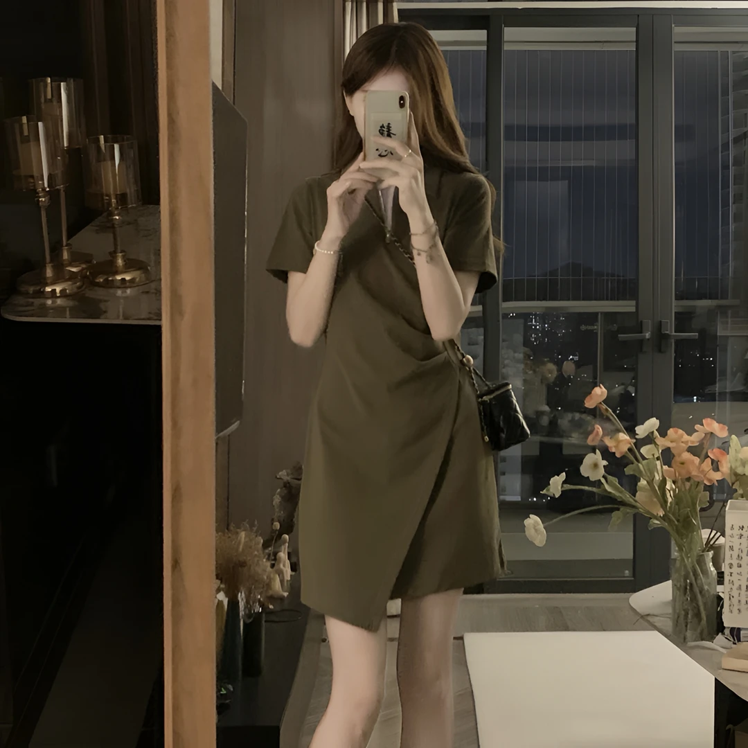 2024夏季大码女装法式polo领气质连衣裙女胖MM不规则设计感茶歇裙