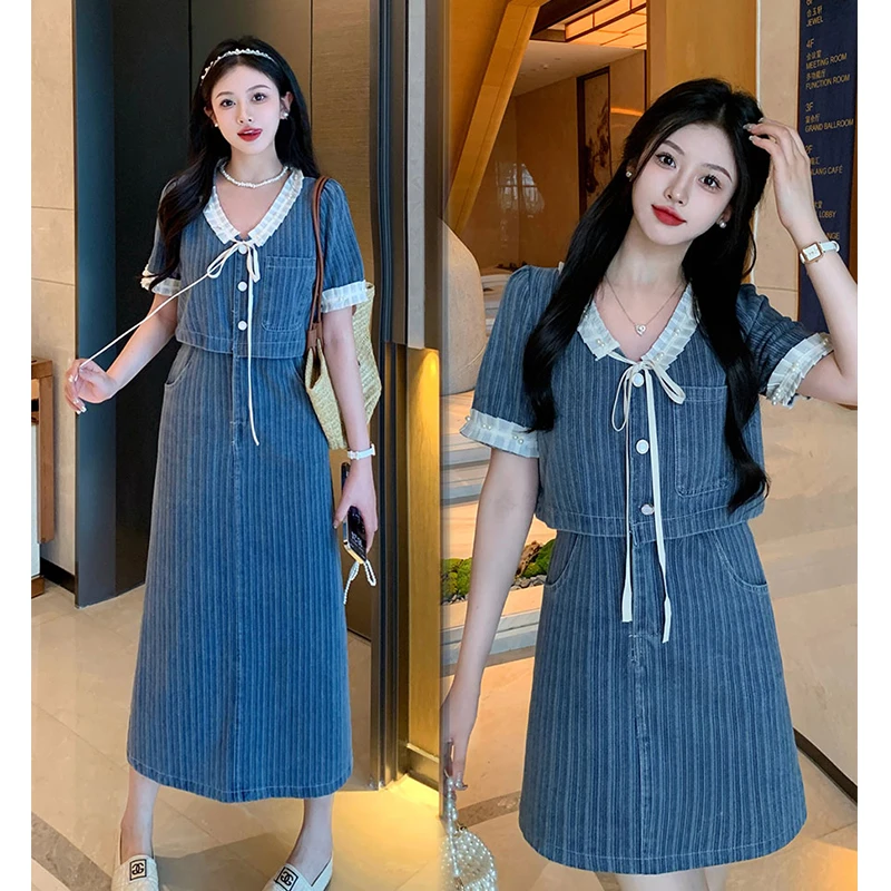 2024夏季大码女装新款胖MM法式V领假两件复古牛仔连衣裙闺蜜裙