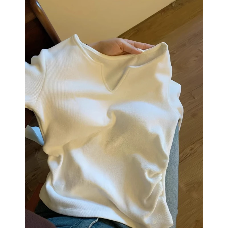 v领保暖上衣女带胸垫秋冬款磨毛加厚内搭长袖显瘦修身收腰打底衫