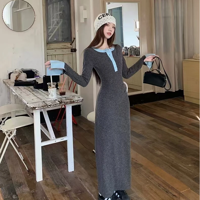 小众撞色拼接长袖连衣裙女装秋冬季收腰修身针织包臀裙气质长裙子