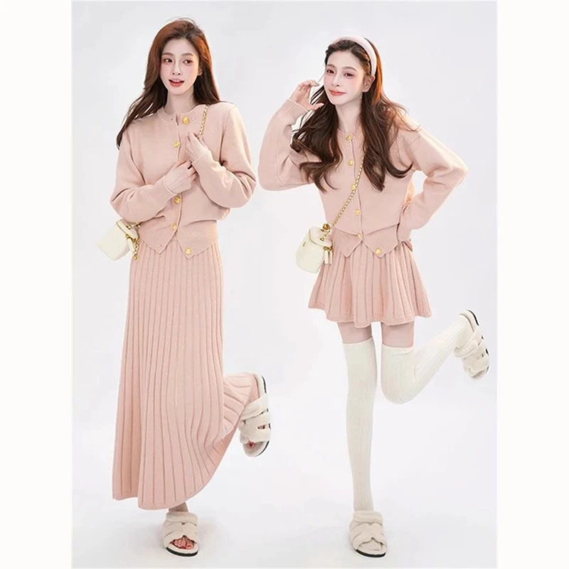 甜辣妹减龄粉色套装裙女秋季新款小香风针织开衫上衣半身裙两件套