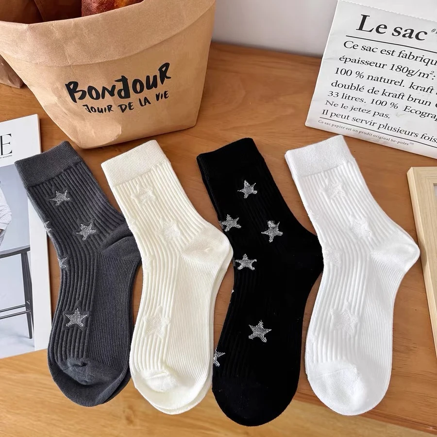 灰色系五角星袜子女中筒袜秋冬高级韩版潮流时尚设计感个性堆堆袜