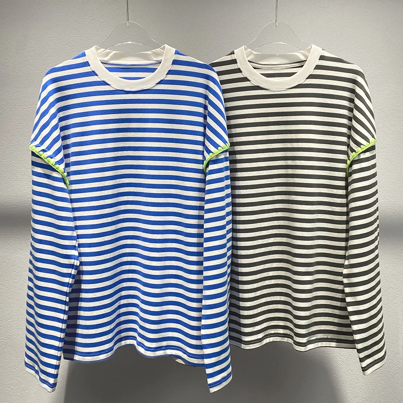 【实拍现货】2024秋季新款贝壳绣饰边经典条纹宽松长袖T恤上衣Z249