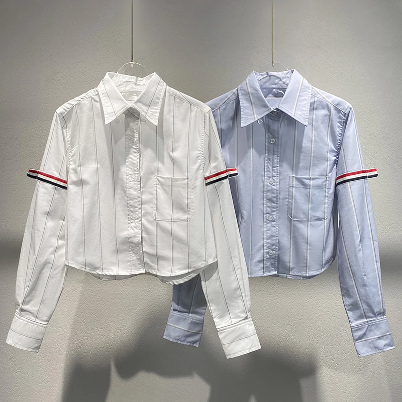 袖边撞色条纹短款衬衫2024秋季新款休闲随性慵懒简约上衣女 Z241