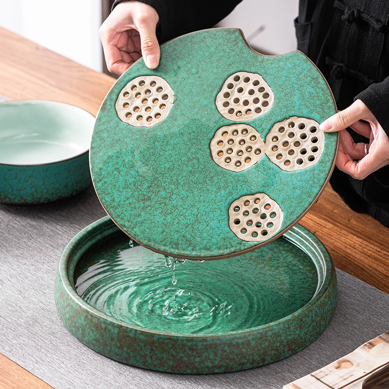 秘程莲蓬粗陶干泡盘墨松石绿圆形茶盘家用陶瓷简约小茶台茶具托盘