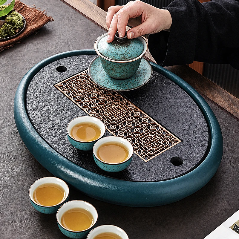 秘程椭圆形茶盘陶瓷乌金石现代简约家用小型储水干泡排水石头托盘