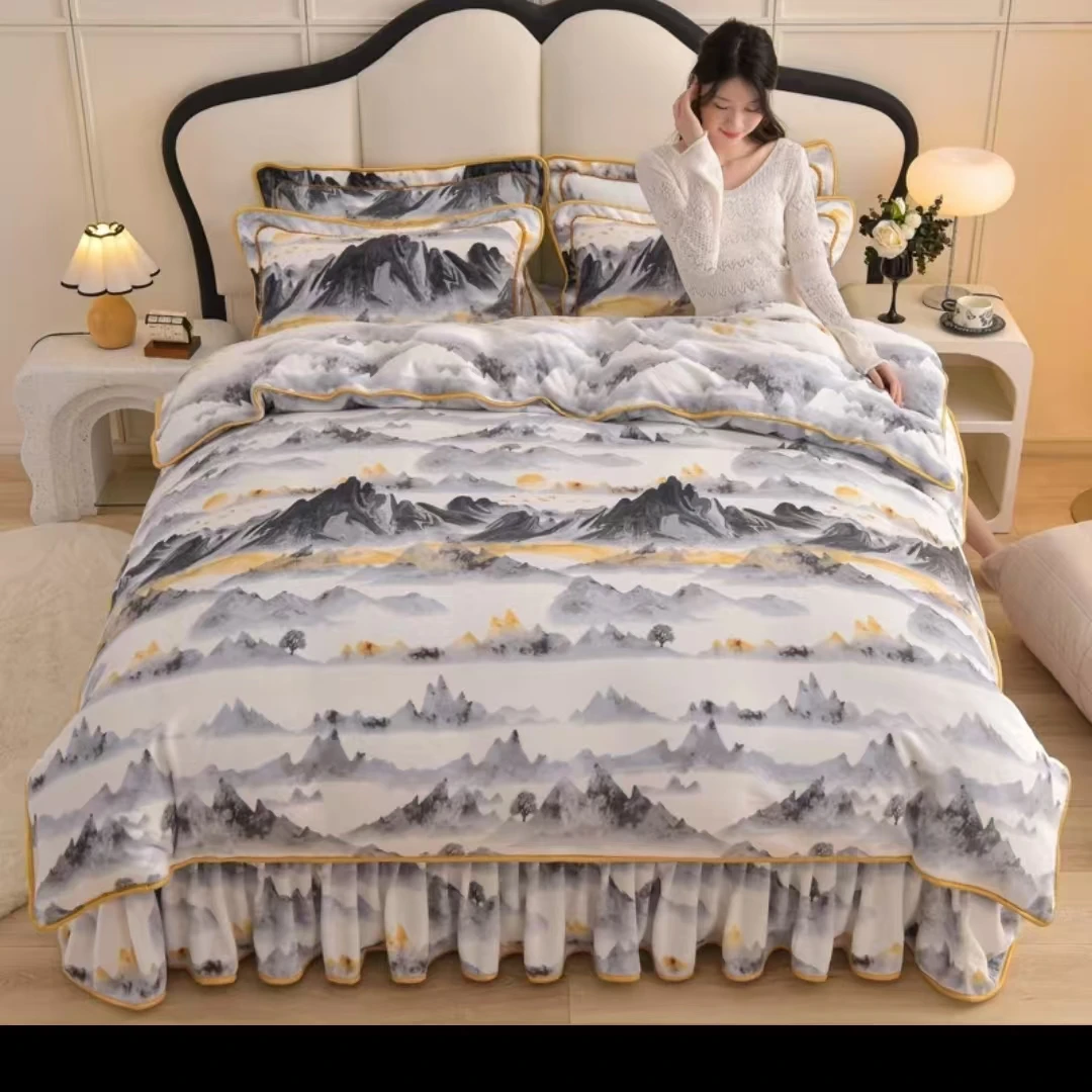 新款加厚加密高端印花牛奶绒四件套亲肤