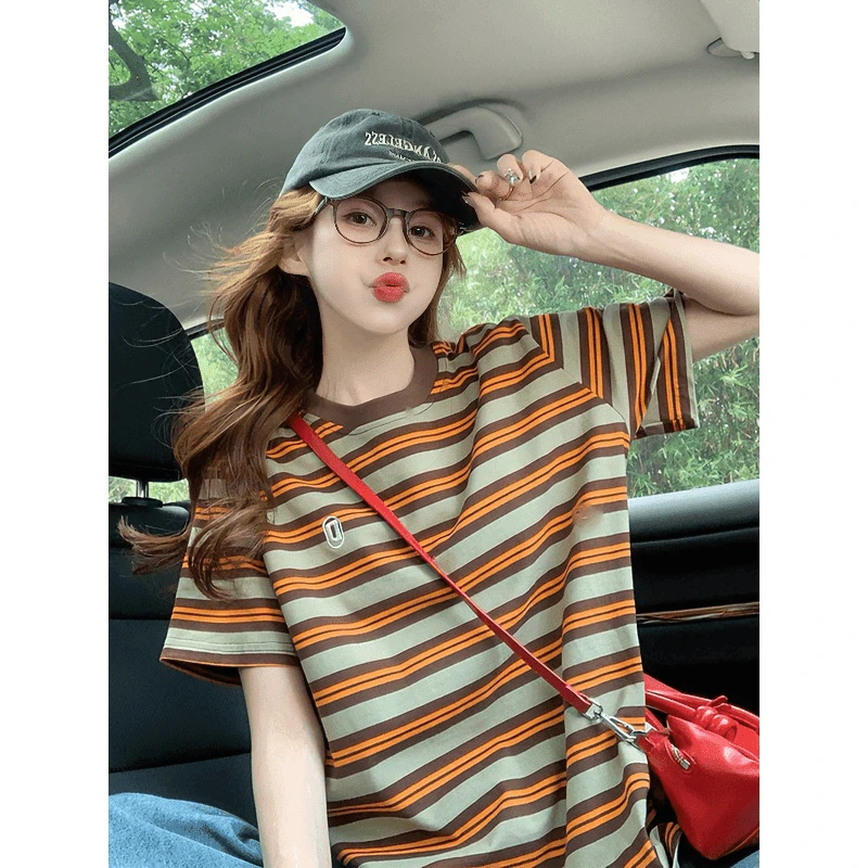 美式复古纯棉条纹短袖T恤女2024新款夏季刺绣设计感宽松百搭444
