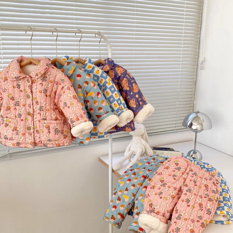 女童睡衣套装夹加绒三层加厚保暖男童宝宝冬季儿童家居服两件套