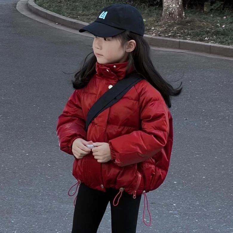 洛克儿童羽绒服冬季炸街韩版新年红色加厚白鸭绒女面包服