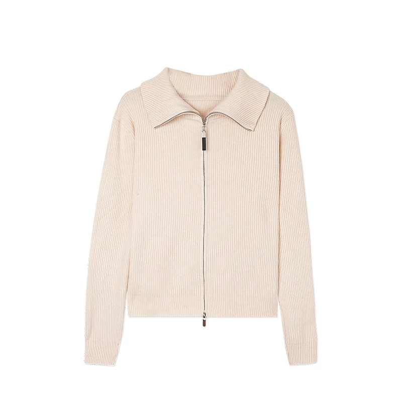 【古河专属】70005-1：简约坑条翻领女双拉链外搭针织开衫