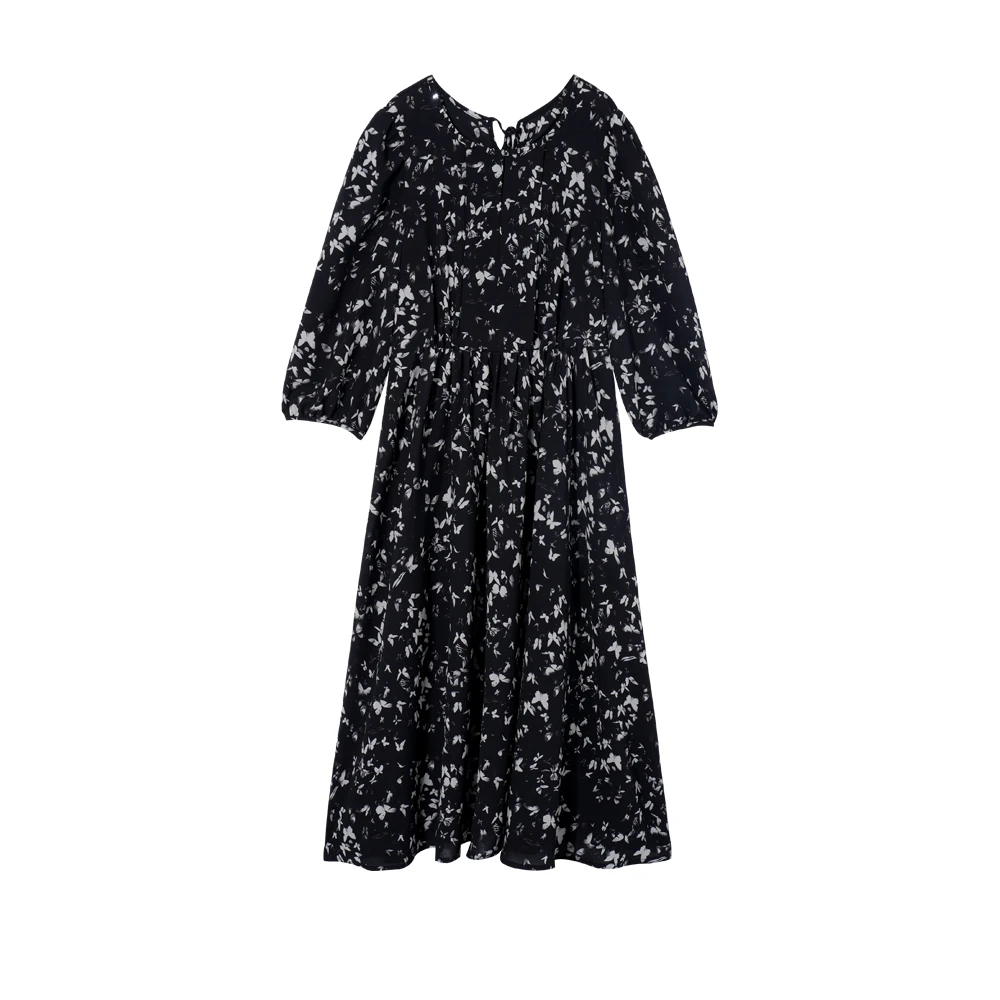 Goely Veny/歌莉微尼【bobo专属】10013：黑色蝴蝶碎花半袖连衣裙