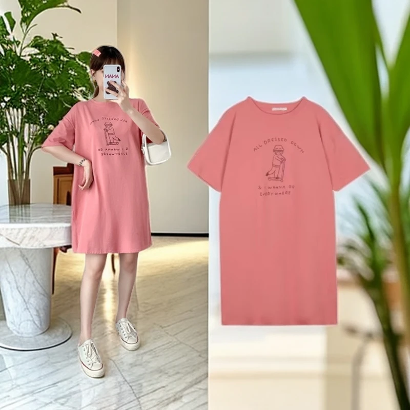 大码女装t恤女短袖中长款宽松上衣遮屁股夏季时尚韩版大码连衣裙