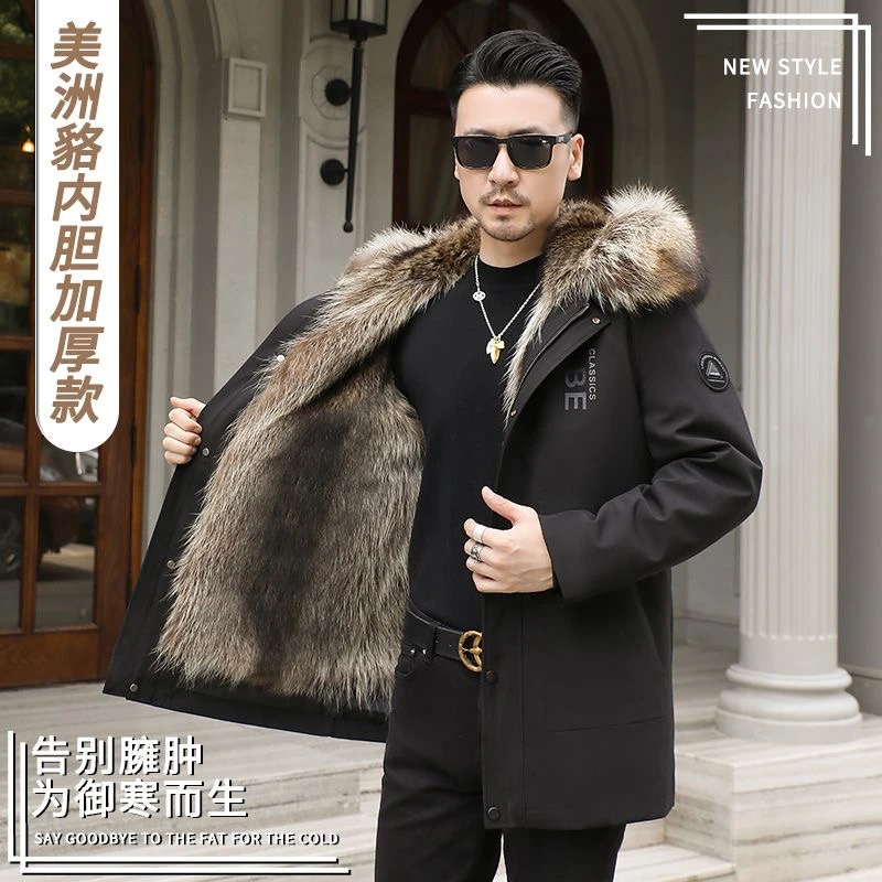 冬季男士新款时尚商务休闲中长款美洲貉内胆加厚连帽保暖御寒派克