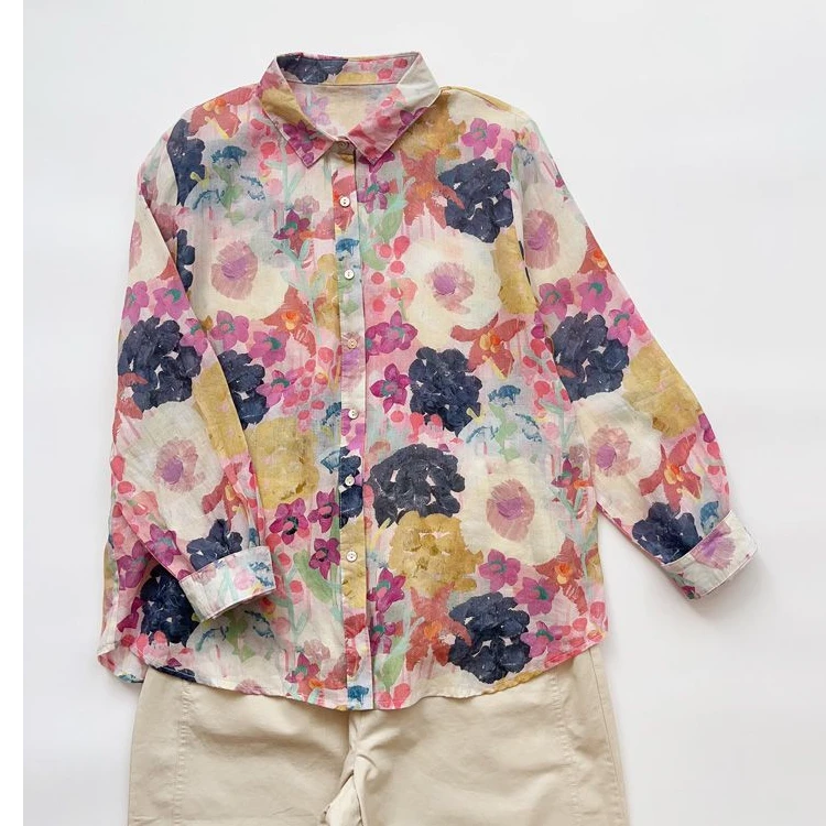 复古韩版碎花衬衫法式小众长袖!秋季国风薄款印花时尚衬衣女上衣