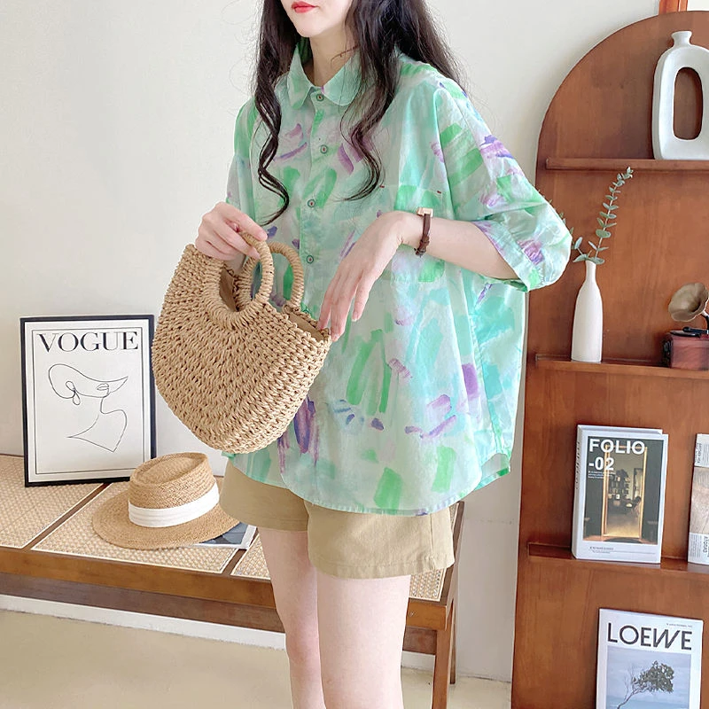 娃娃领衬衫女夏款2025年新款港风宽松原宿风画笔涂鸦bf花短袖上衣