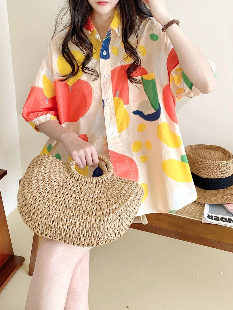 衬衫上衣女2025年新款韩版通勤翻领圆弧下摆彩绘涂鸦高端纯棉短袖