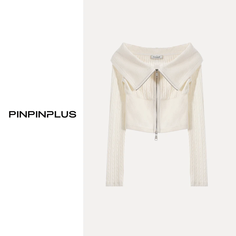 「PINPINPLUS」「PP+」露肩百搭小众时尚拉链长袖开衫上衣 3C61061AYP