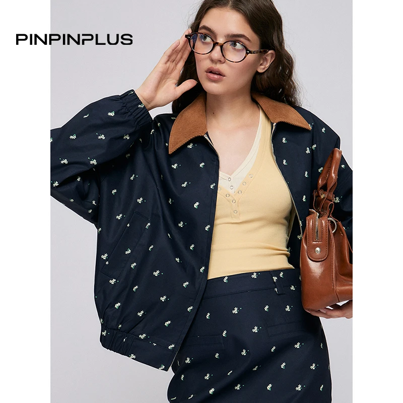 PINPINPLUS丨「米兰花墙」复古碎花撞色灯芯绒翻领夹克8C70711AYP