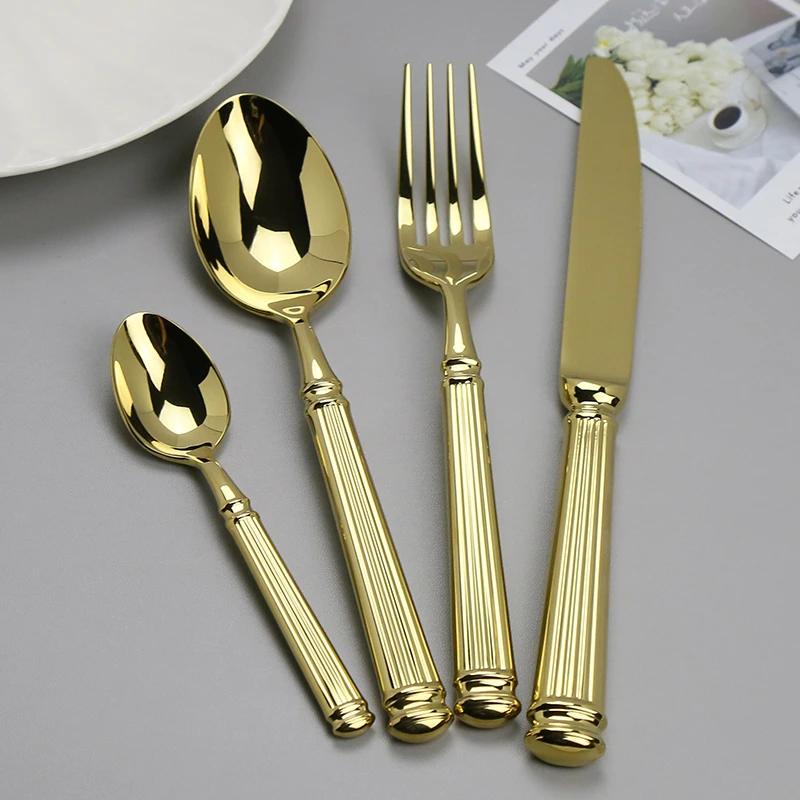 #13高档复古家用勺子金色欧式牛排刀创意高档复古家用镜面镀金