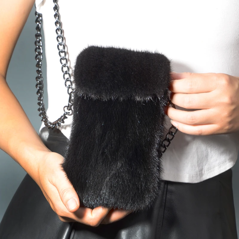 迷你可爱真水貂毛零钱包斜跨皮草小包包手机包百搭女士单肩手机袋