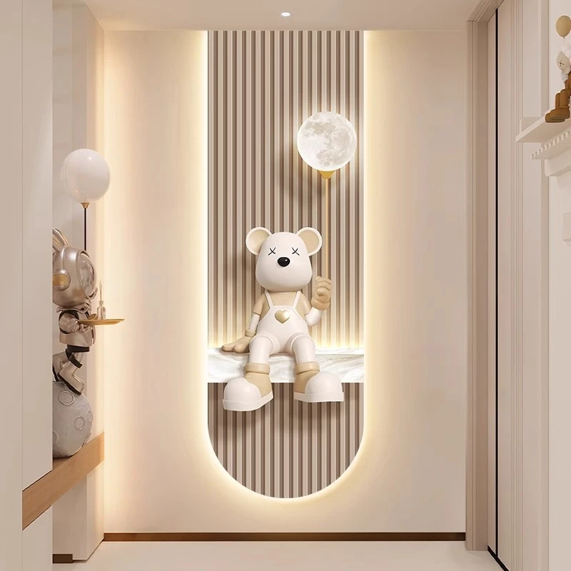 奶油风玄关装饰画竖版暴力熊灯画高级感过道挂画现代走廊尽头壁画