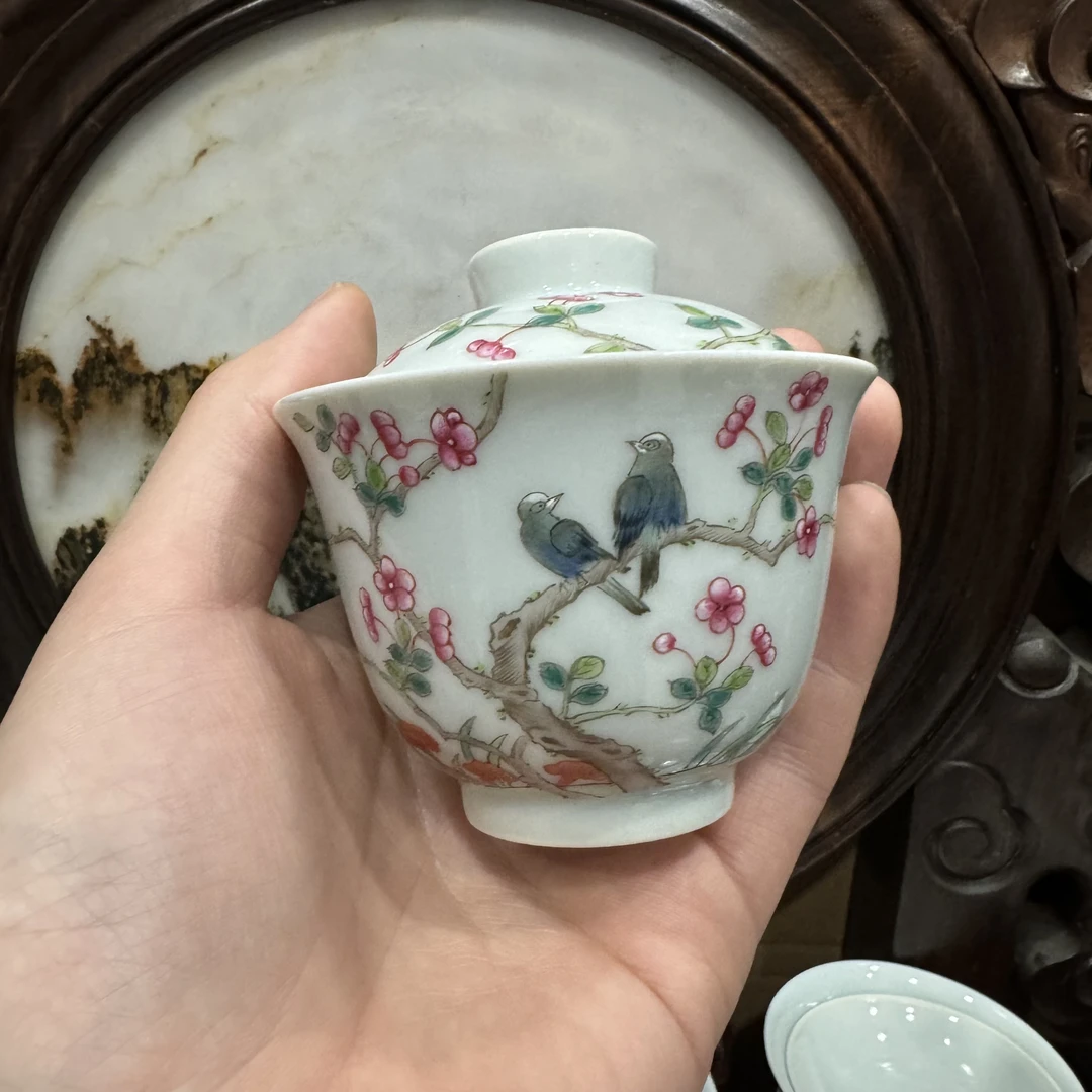 景德镇手绘精工粉彩喜上眉梢两才盖碗120cc