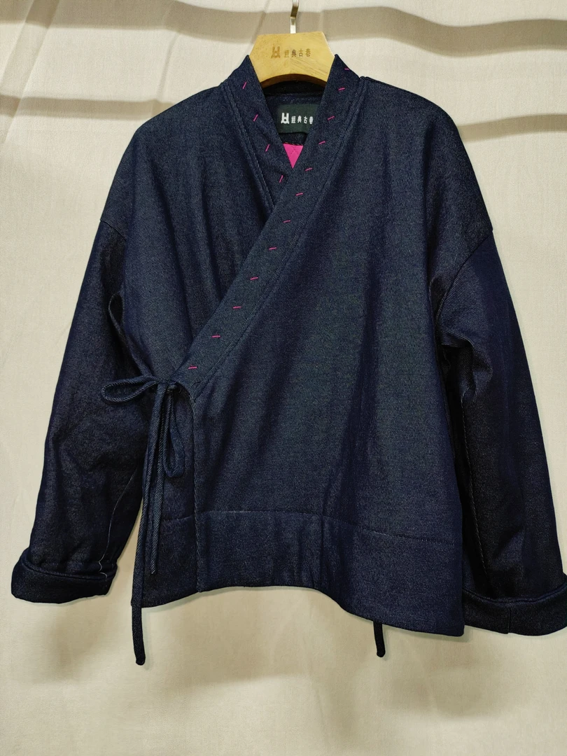 样衣处理经典古巷JDGX｜新中式原创斜襟系带长袖牛仔蓝休闲棉衣