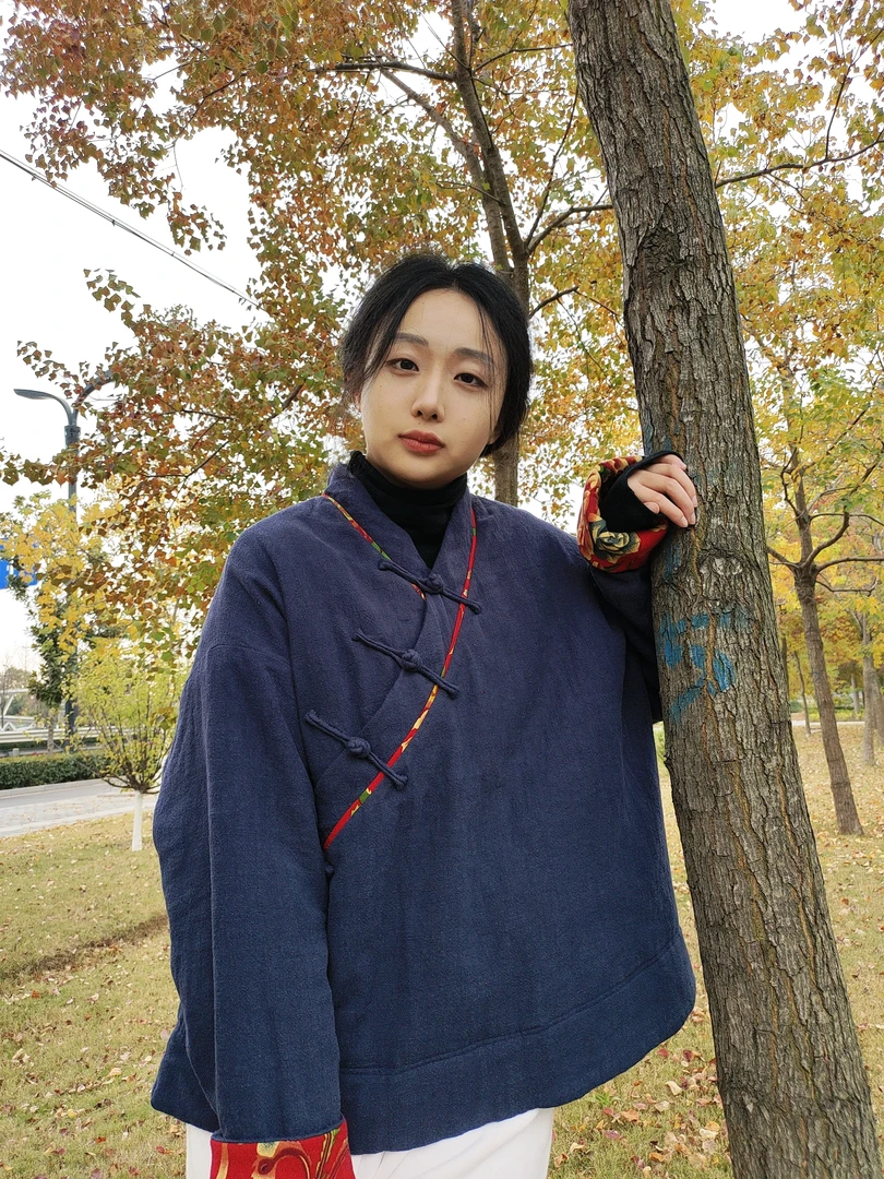 样衣处理中式斜襟东北大花拼接三盘扣厚款国风丝绵棉服