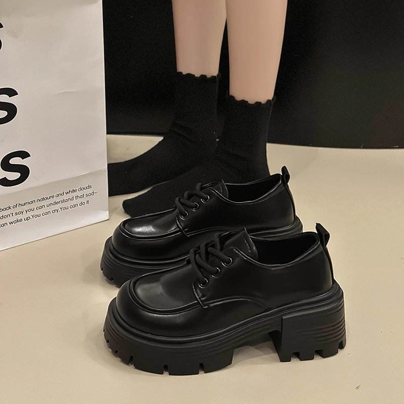 黑色粗跟增高厚底小皮鞋女2024秋季新款复古英伦日系jk单鞋玛丽珍