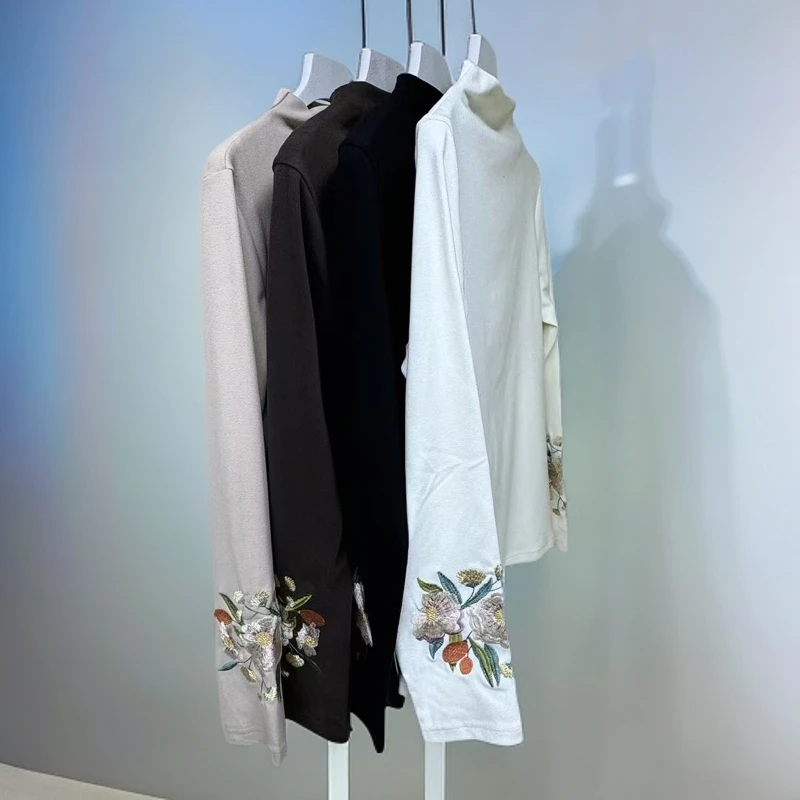 【棉】打底衫女秋冬复古民族风半高领新中式刺绣长袖恤女百搭0085