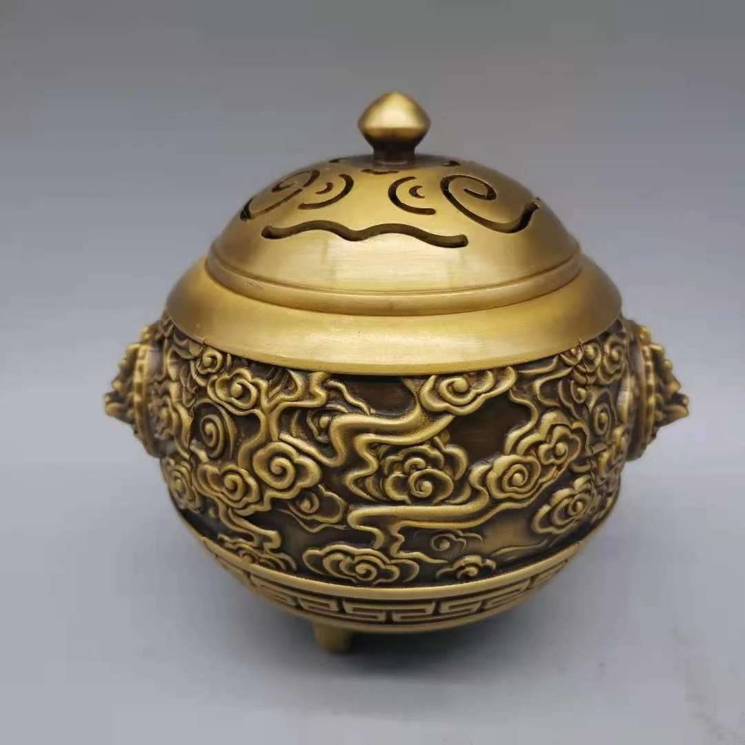 纯铜熏香炉祥云狮头网盖如意铜炉纯手工圆手炉复古家居装饰品摆件