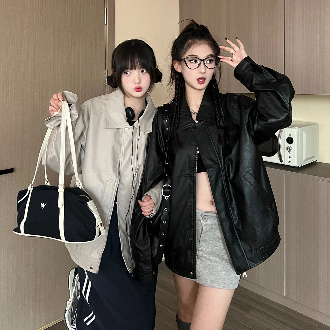 原创设计美式复古机车风皮衣女秋冬宽松街头PU宽松尤莱特短外套潮