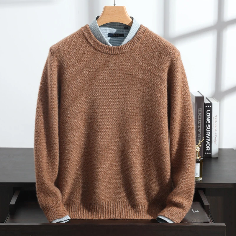 AK036 秋冬季男士圆领100%纯山羊绒衫五针加厚套头打底针织衫毛衣