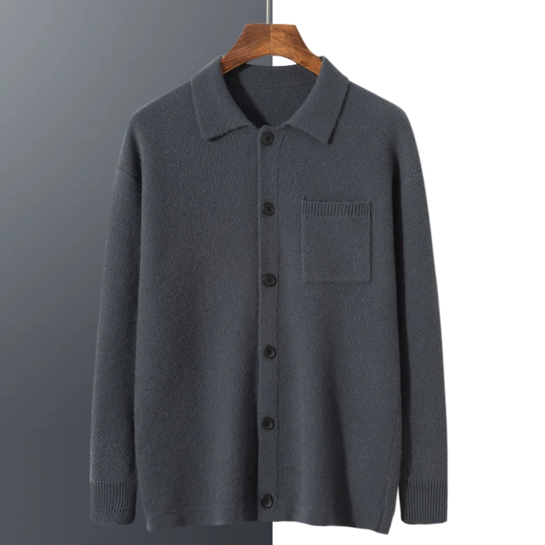 MY-052 LP同款男士POLO领100%纯山羊绒开衫加厚套头毛衣针织外套