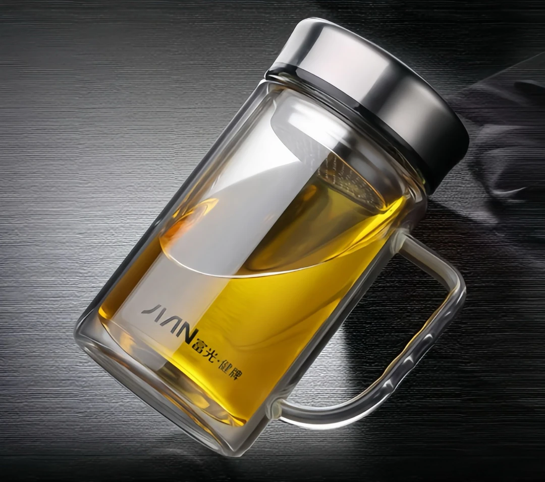 富光高档双层大容量手把杯居家办公带滤网玻璃杯便携隔热杯X1501