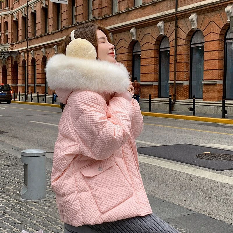 冬季菱格连帽毛领棉服女大码胖mm小个子短款外套加厚棉衣女面包服