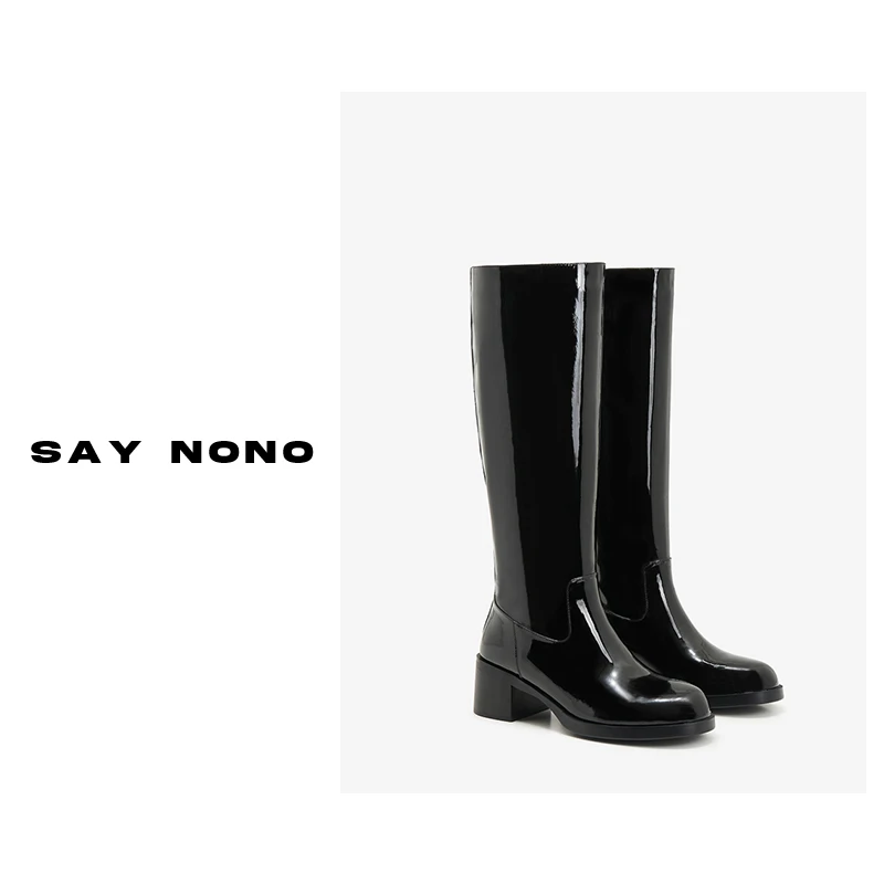 Say nono时尚百搭漆皮圆头黑色粗跟高筒时装靴4.5cm