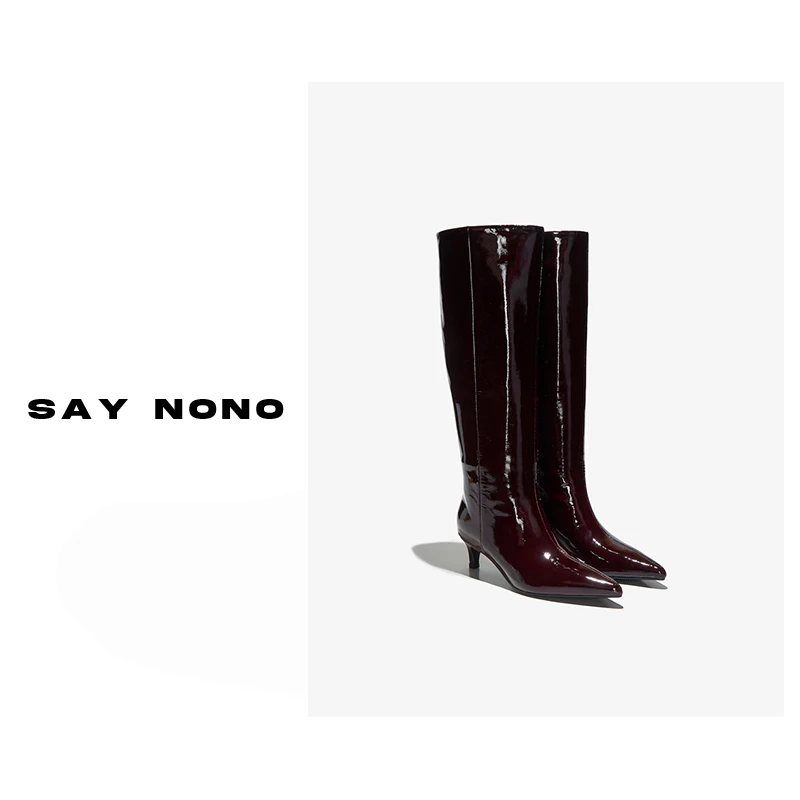 Say nono 气质细皱头层尖头漆皮瘦腿高筒直筒百搭细跟长靴5cm