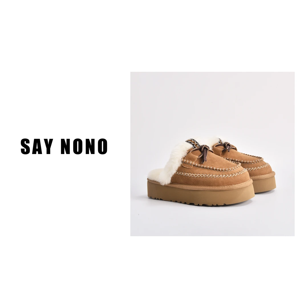 Say  nono  后空保暖羊皮毛一体厚底系带外穿休闲毛毛拖鞋4cm