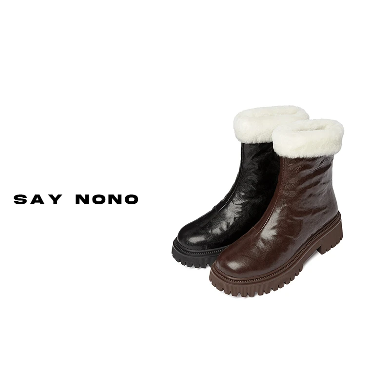 Say nono 厚底抓褶羊皮羊皮毛保暖时尚百搭切圆头尔西短靴跟高4cm