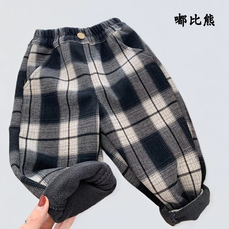 儿童加绒裤子男童秋冬季加厚一体绒韩版洋气格子裤中小童冬装长裤