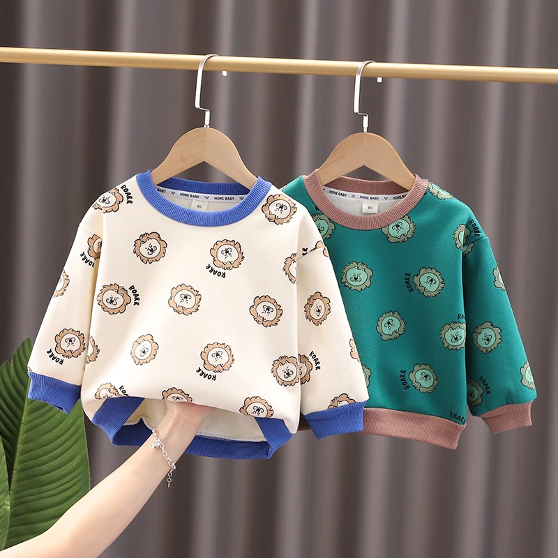 宝宝加绒卫衣秋冬季一体绒小童圆领套头衫儿童装休闲保暖薄绒上衣