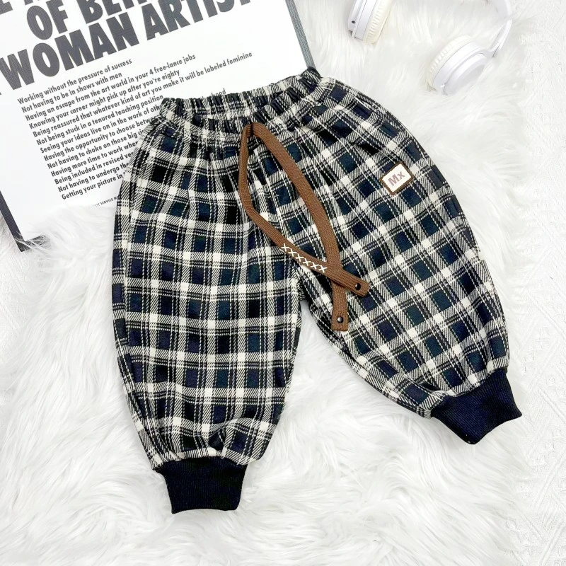 男童一体绒裤子冬季女童韩版洋气格子裤儿童装休闲裤小童加绒长裤