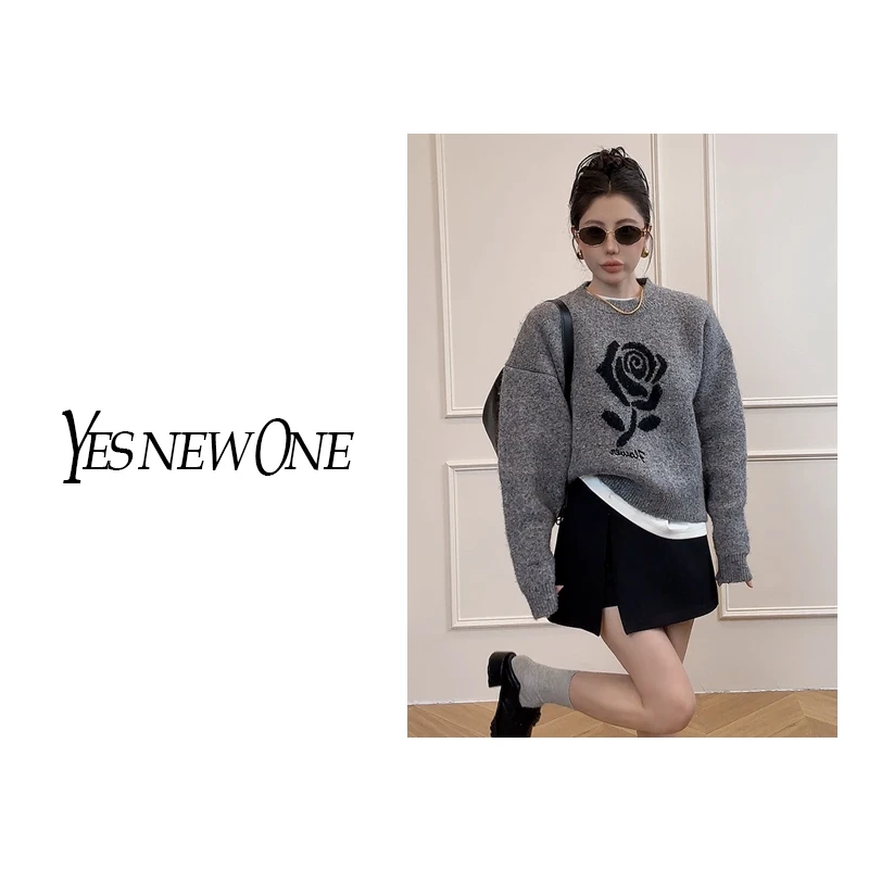 【大蟲家】【2024秋冬捡漏】玫瑰提花刺绣慵懒显瘦厚款圆领长袖毛衣