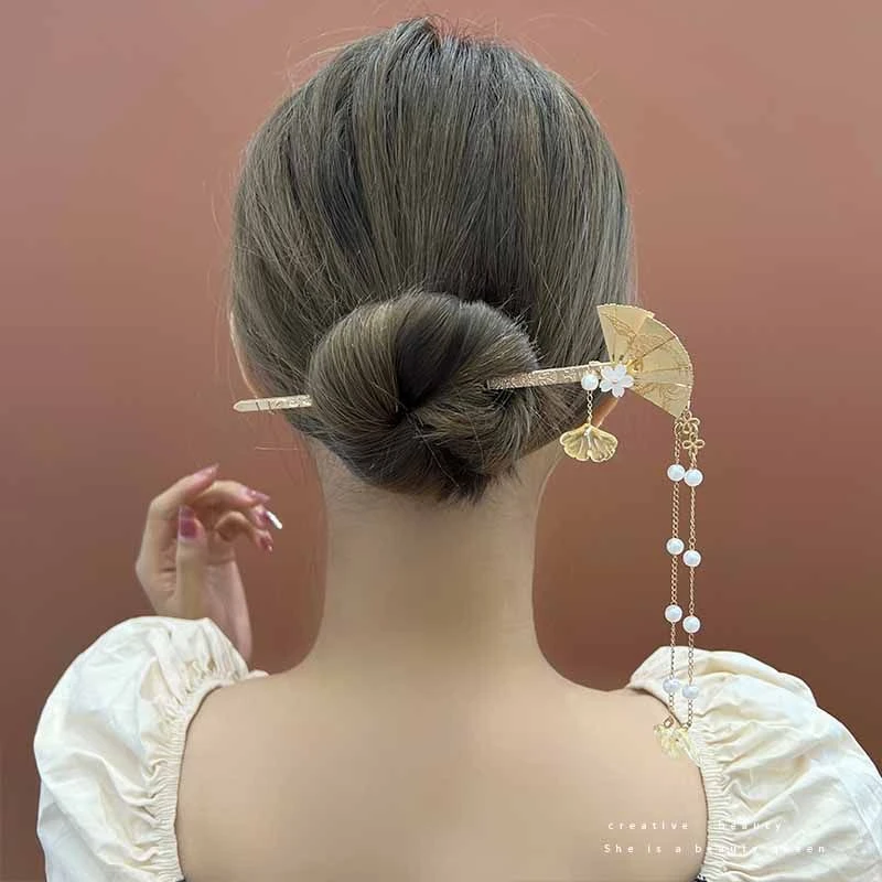 国风可摆动步摇扇子珍珠流苏发簪女夏天高级感汉服盘发簪子发钗