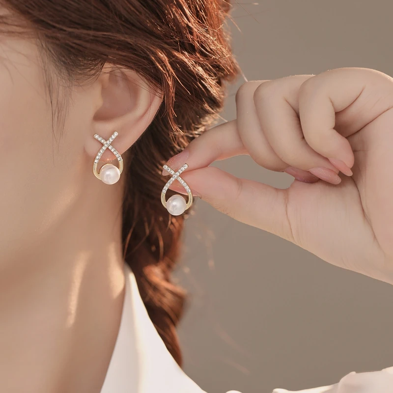经典法式鱼尾耳坠超闪交叉珠珠耳钉温柔时尚耳环1234