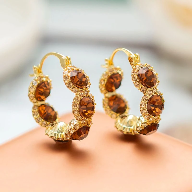 铜合金合成锆石耳饰 花开富贵耳扣气质经典耳圈时尚金色耳环1134