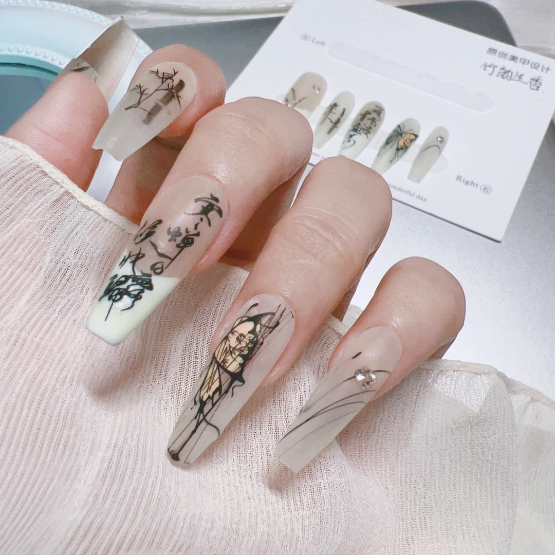 喵酱【竹韵生香】新中式国风蝴蝶美甲显白美甲纯手工穿戴甲可拆卸